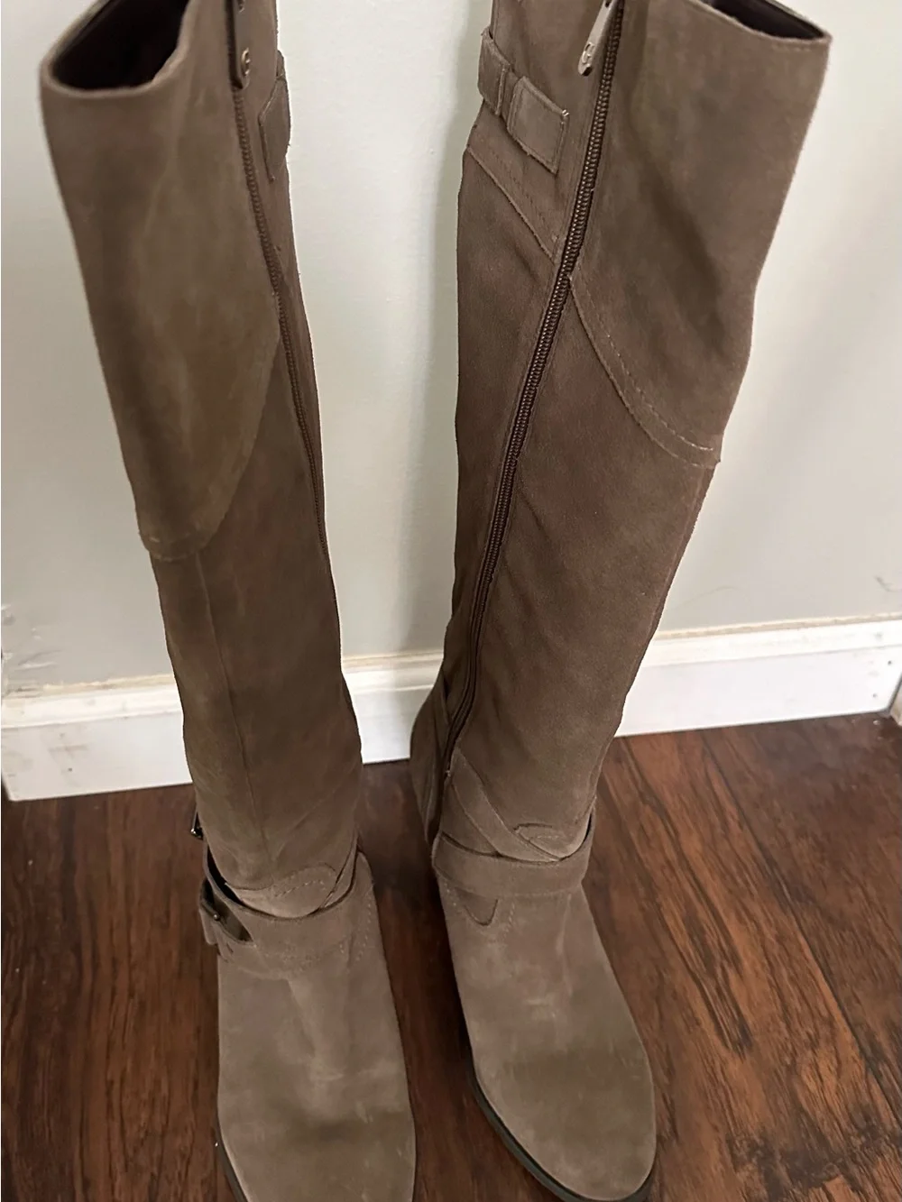 GUESS Taupe Suede Over-the-Knee Boots with Gold Buckles